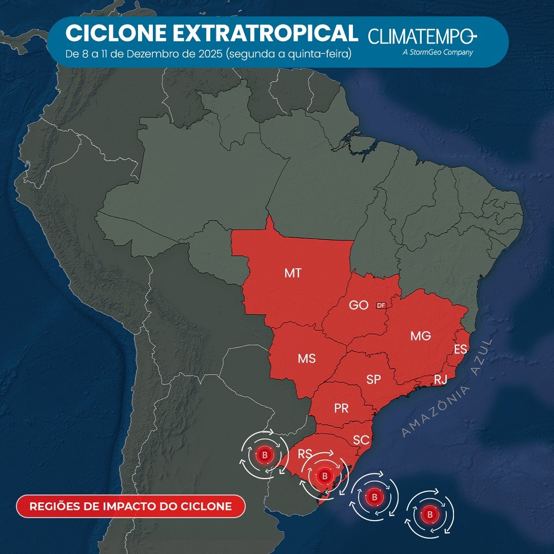Ciclone extratropical no Sul e nova frente fria elevam risco de temporais no Sudeste