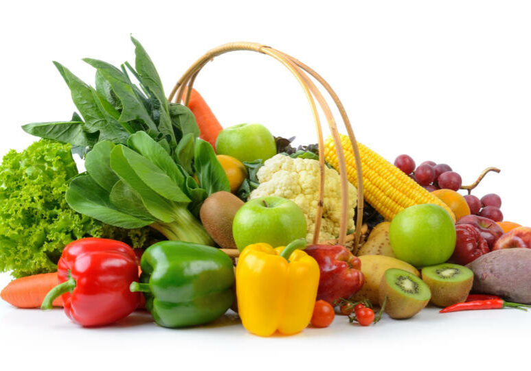 vegetables and fruits on white background
