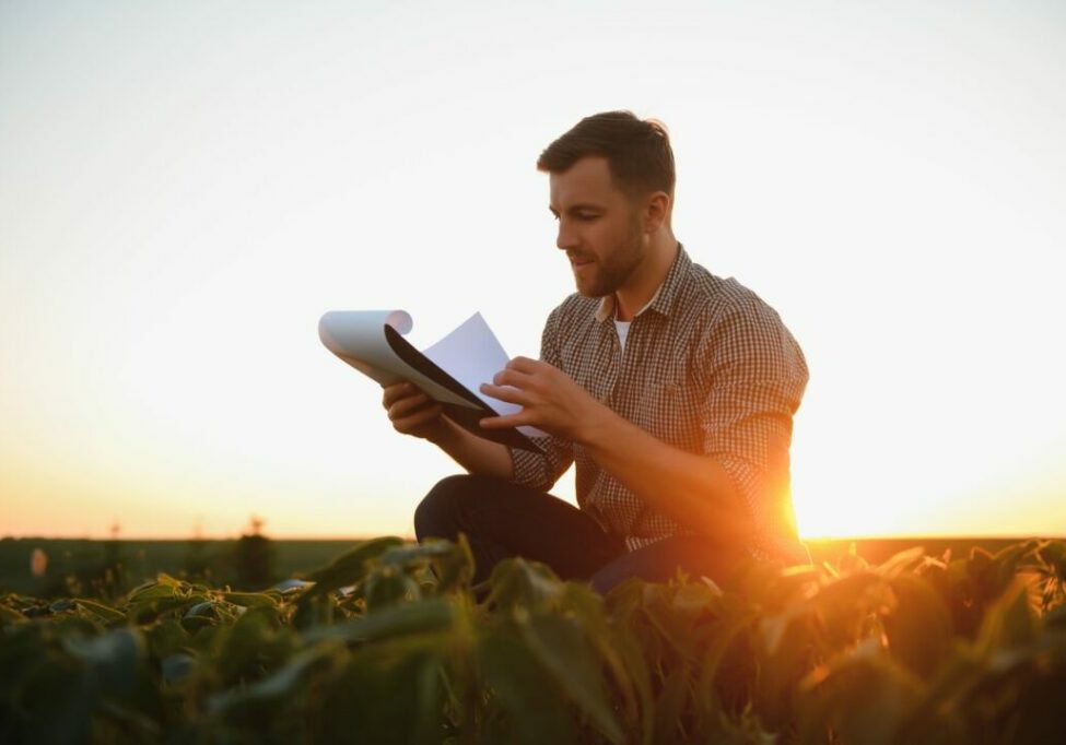 um-agricultor-inspeciona-um-campo-de-soja-verde-o-conceito-da-colheita-1